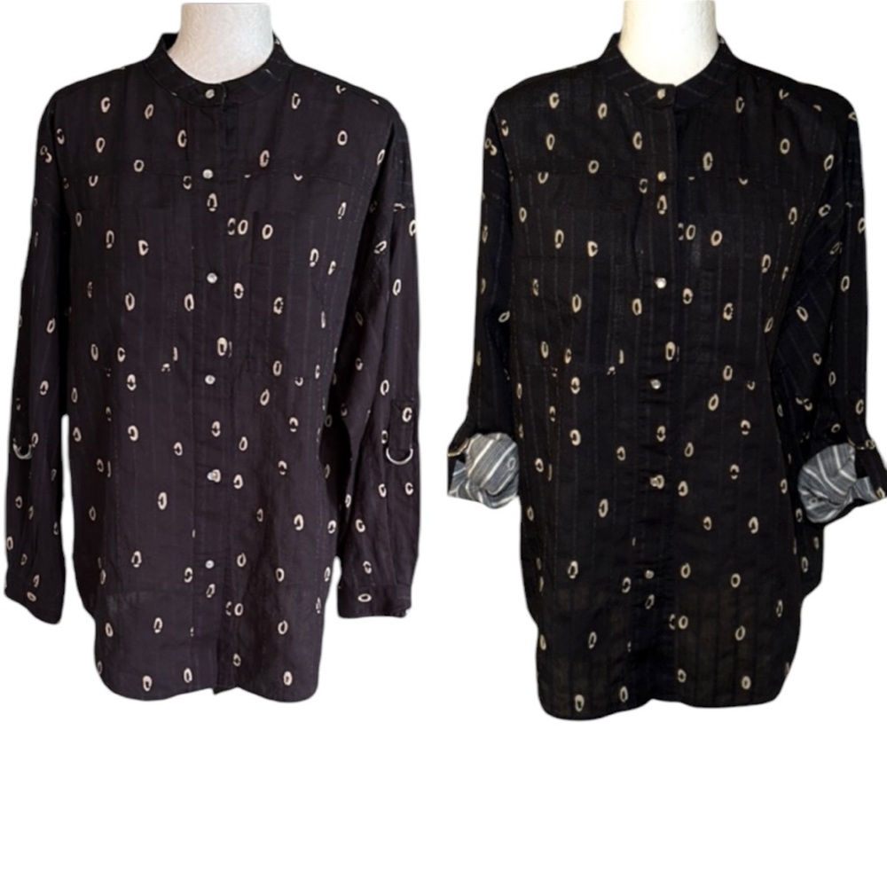 Wrap London Black Tan Geometric Print Striped Roll Sleeve Snap Front Blouse - 8